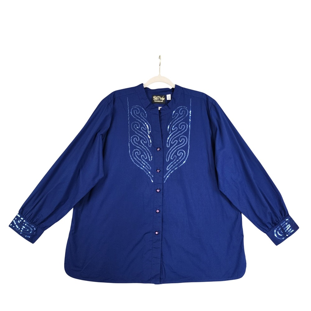 Bob Mackie Wearable Art Womens Sequin Embellished Blouse Plus Size 1X Royal Blue